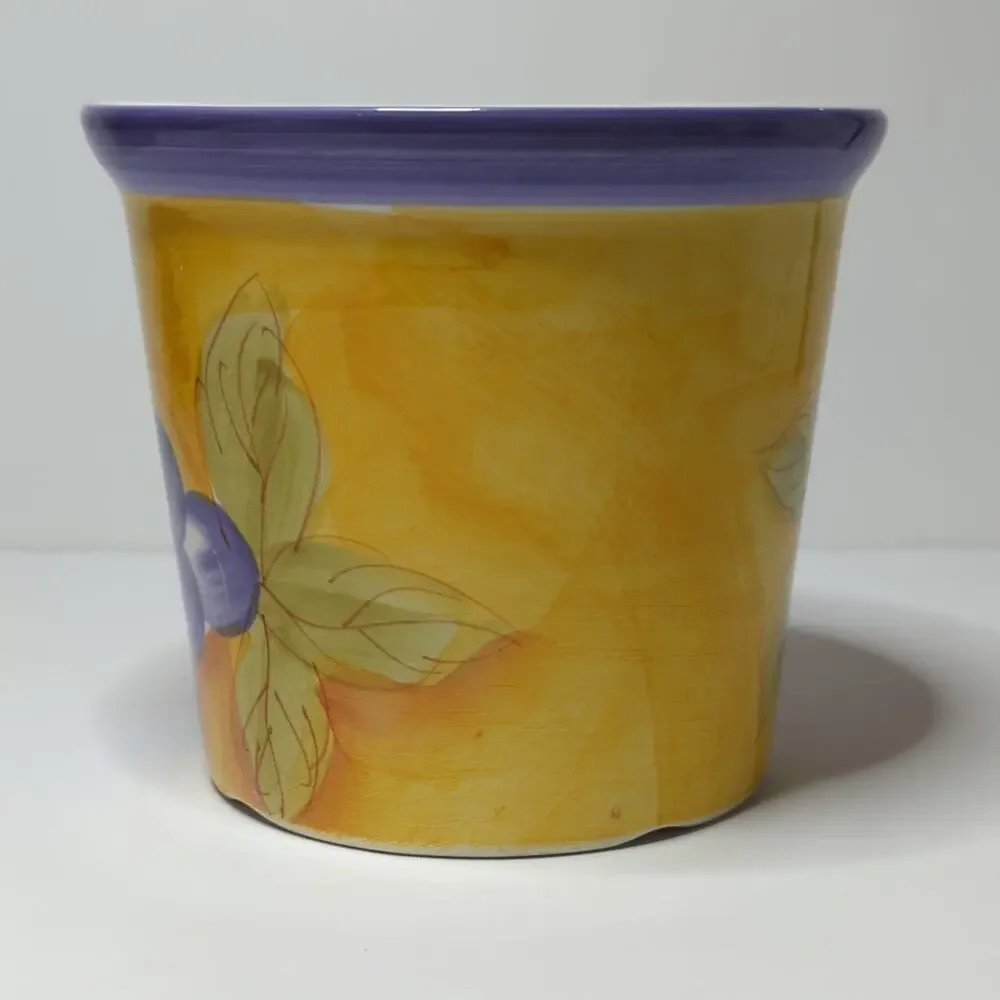 Vtg Tuscan-Style Hand Painted Ceramic Cachepot Planter Utensil Crock Grapes 5.5